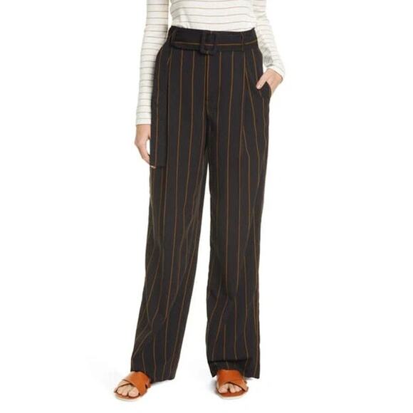 Vince Stripe Belted Wide Leg Wool Pants in Navy - Picture 1 of 12